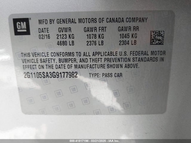 Chevrolet IMPALA 1LT 2016 2G1105SA3G9177982 Image 9