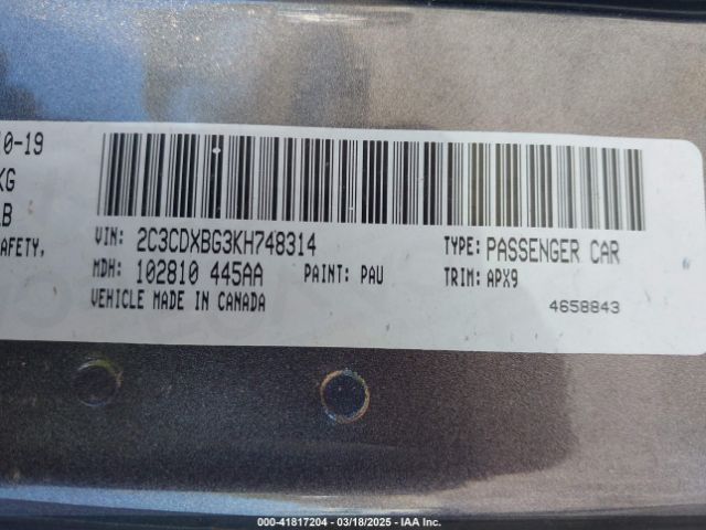 2C3CDXBG3KH748314 Dodge Charger Sxt Rwd