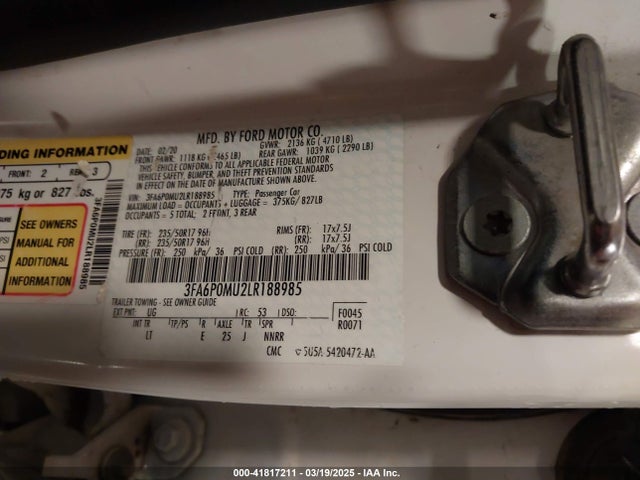 Ford Fusion Hybrid Sel 2020 3FA6P0MU2LR188985 Image 9