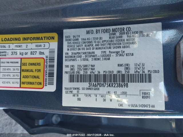 Ford FUSION SE 2019 3FA6P0H75KR238698 Image 9