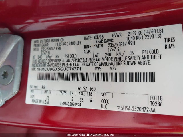 1FMCU9GX5GUC74771 Ford ESCAPE SE