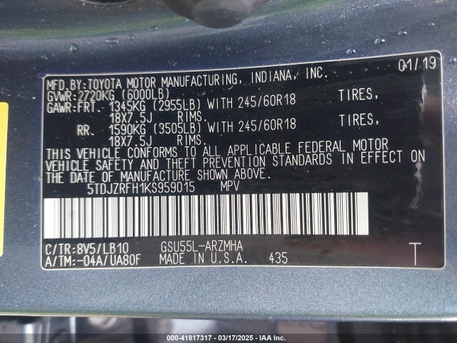 5TDJZRFH1KS959015 Toyota Highlander Xle