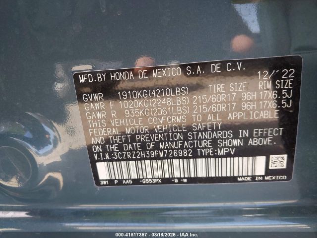 3CZRZ2H39PM726982 Honda Hr-v Awd Lx