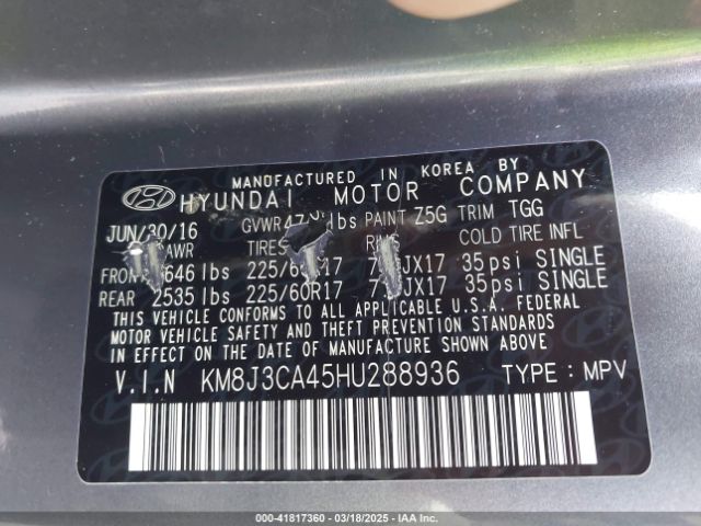 KM8J3CA45HU288936 Hyundai TUCSON SE
