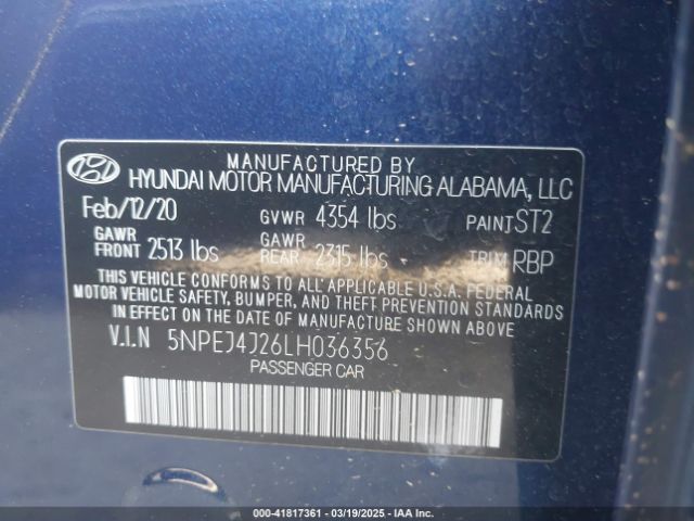 5NPEJ4J26LH036356 Hyundai Sonata Sel Plus