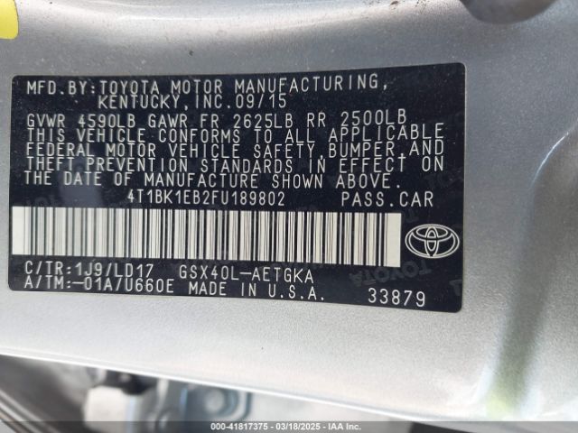 4T1BK1EB2FU189802 Toyota AVALON XLE