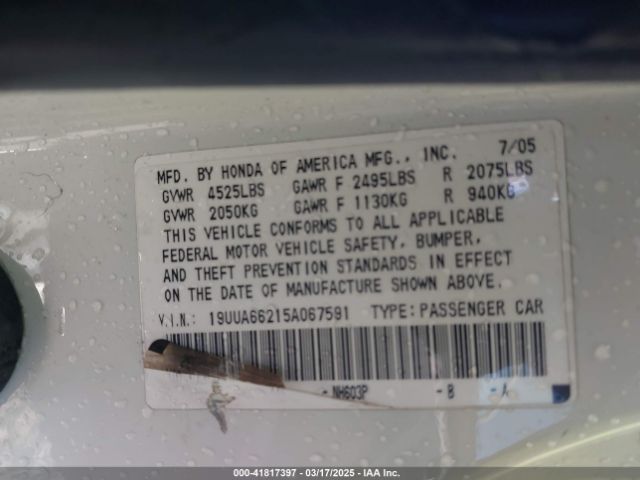 2005 ACURA TL 19UUA66215A067591 Photo 8