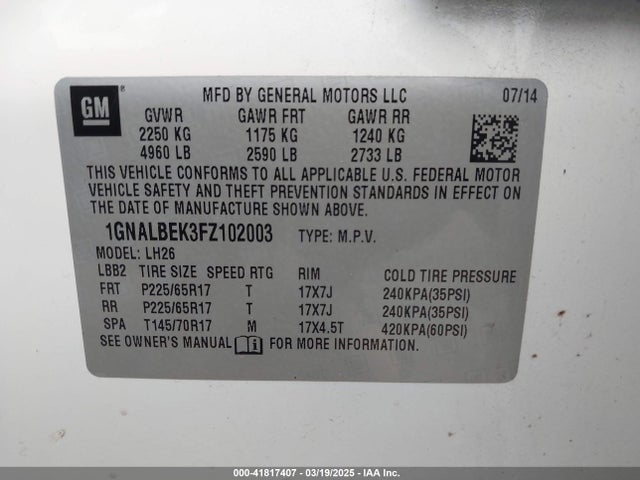Chevrolet EQUINOX 1LT 2015 1GNALBEK3FZ102003 Image 9