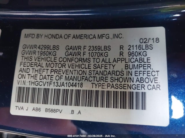1HGCV1F13JA104418 Honda ACCORD LX