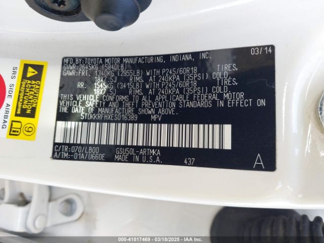 5TDKKRFHXES016389 Toyota Highlander Xle V6