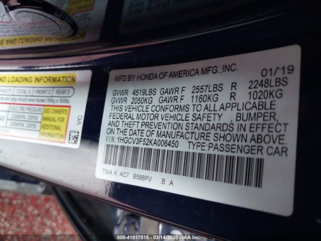 1HGCV3F52KA006450 Honda Accord Hybrid Ex-l