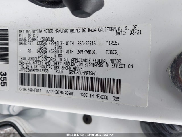 3TMCZ5AN4MM413939 Toyota Tacoma Sr V6/sr5 V6/trd Off-road/trd Pro/trd Sport