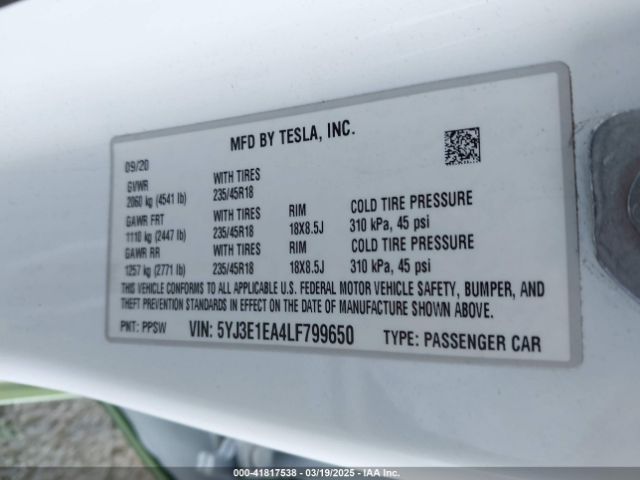 5YJ3E1EA4LF799650 Tesla Model 3 Standard Range Plus Rear-wheel Drive/standard Range Rear-wheel Drive