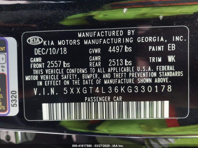 5XXGT4L36KG330178 KIA Optima S