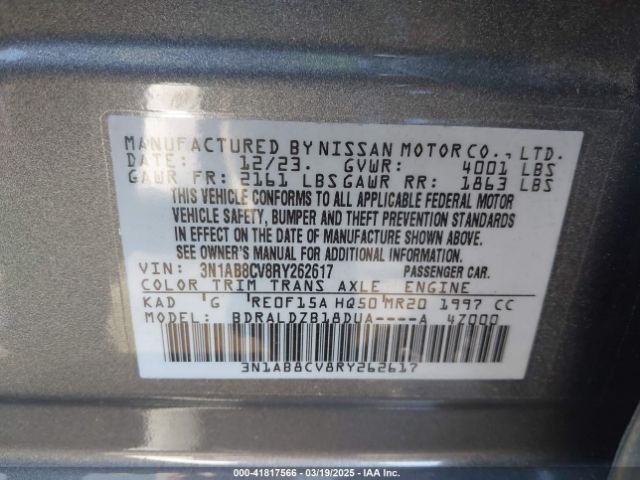 3N1AB8CV8RY262617 Nissan Sentra Sv Xtronic Cvt