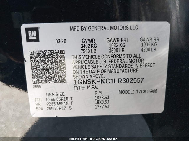 1GNSKHKC1LR302557 Chevrolet Suburban 4wd Lt