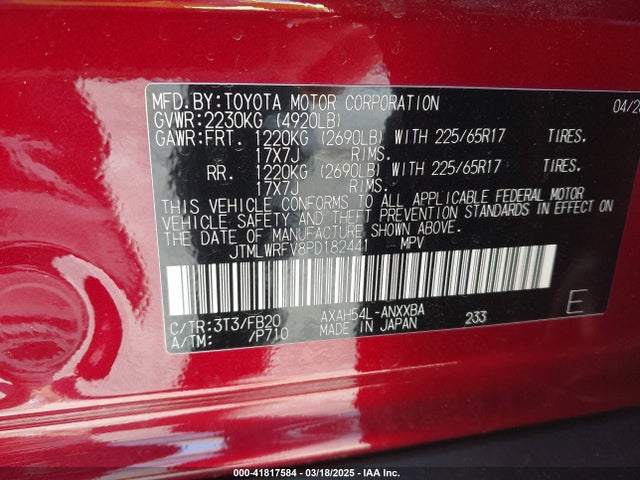 JTMLWRFV8PD182441 Toyota Rav4 Hybrid Le