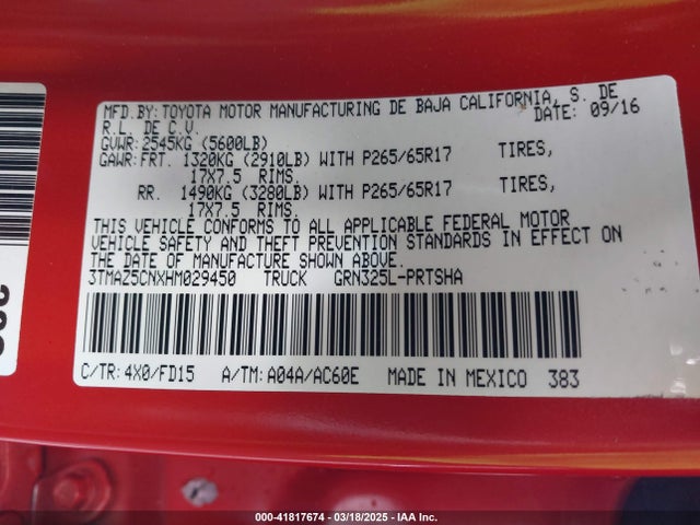 3TMAZ5CNXHM029450 Toyota Tacoma Trd Sport