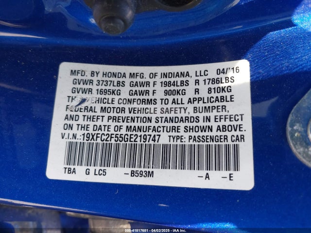Honda Civic Lx 2016 19XFC2F55GE219747 Image 9