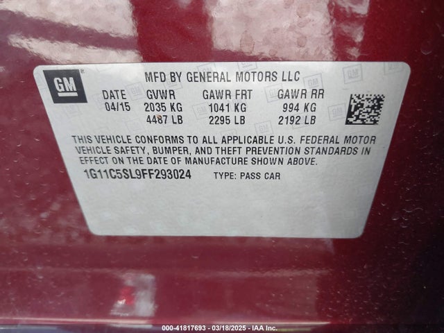 Chevrolet MALIBU 1LT 2015 1G11C5SL9FF293024 Image 9