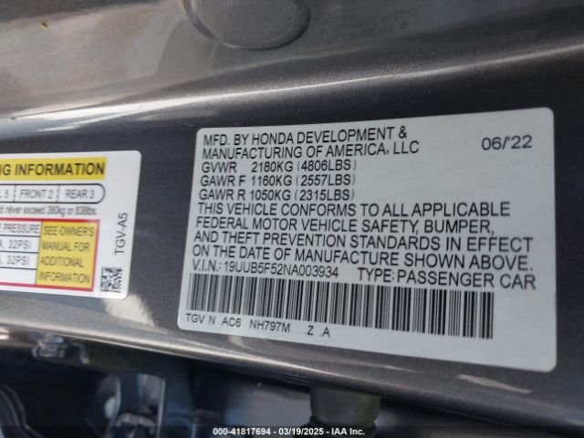 19UUB5F52NA003934 Acura Tlx A-spec Package
