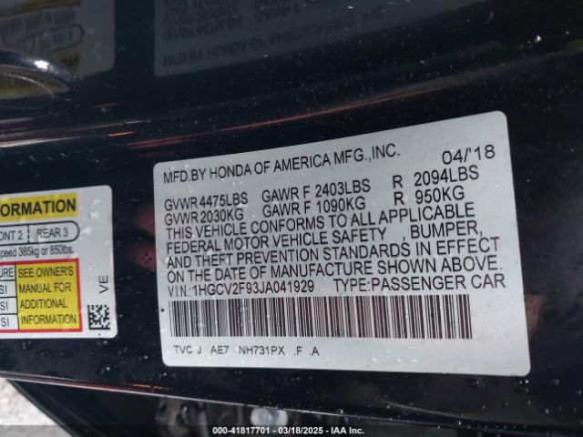 1HGCV2F93JA041929 Honda Accord Touring 2.0t