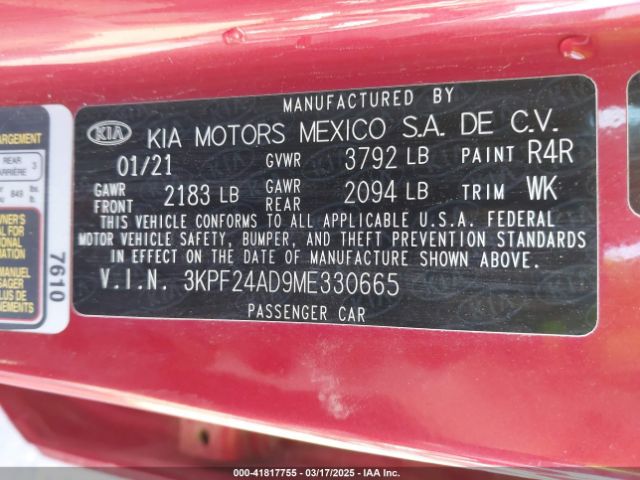 3KPF24AD9ME330665 KIA Forte Lxs
