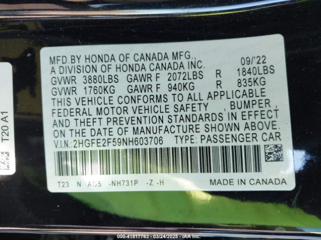2HGFE2F59NH603706 Honda Civic Sport