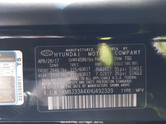 KM8J33A4XHU492339 Hyundai TUCSON SE