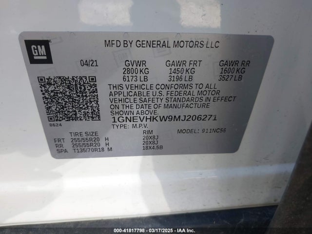 1GNEVHKW9MJ206271 Chevrolet Traverse Awd Lt Leather