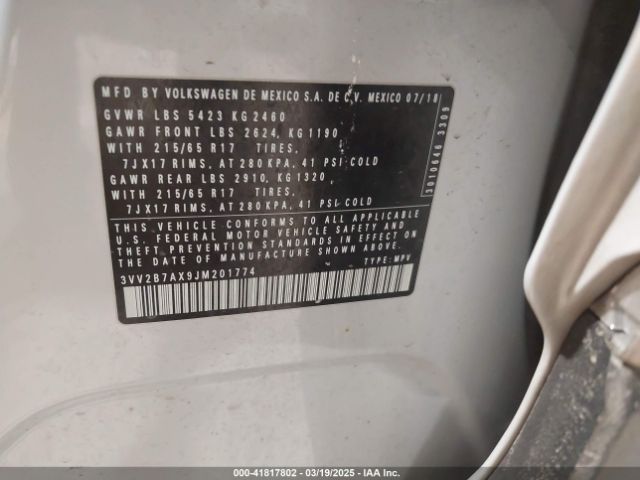 3VV2B7AX9JM201774 Volkswagen Tiguan 2.0t Se/2.0t Sel