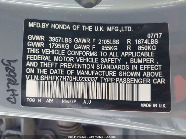SHHFK7H70HU233337 Honda Civic Ex-l