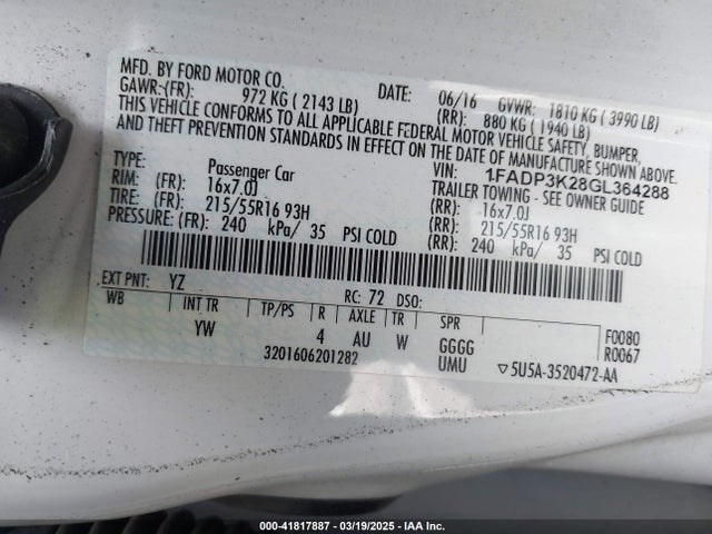 1FADP3K28GL364288 Ford FOCUS SE