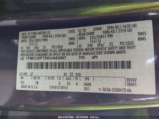 1FMCU0F7XKUA62907 Ford ESCAPE S