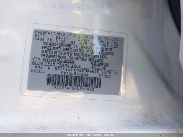 3N1CN7AP0HL842440 Nissan Versa 1.6 Sv