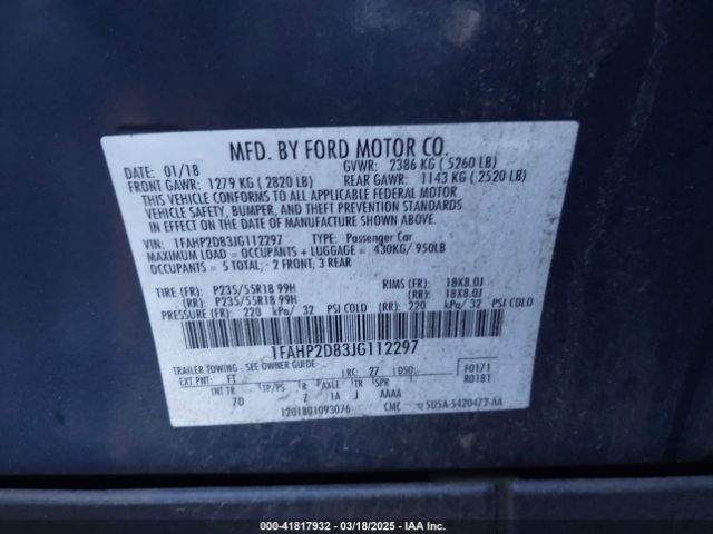 1FAHP2D83JG112297 Ford TAURUS SE