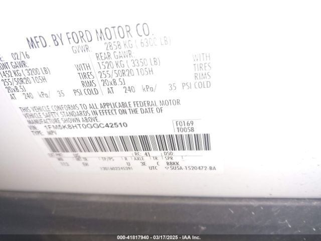 1FM5K8HT0GGC42510 Ford Explorer Platinum