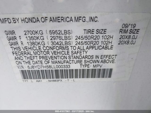 5J8YD7H58LL000333 Acura Mdx Sport Hybrid Technology Package