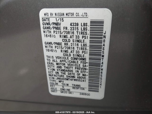 JN8AS5MT4FW655241 Nissan Rogue Select S