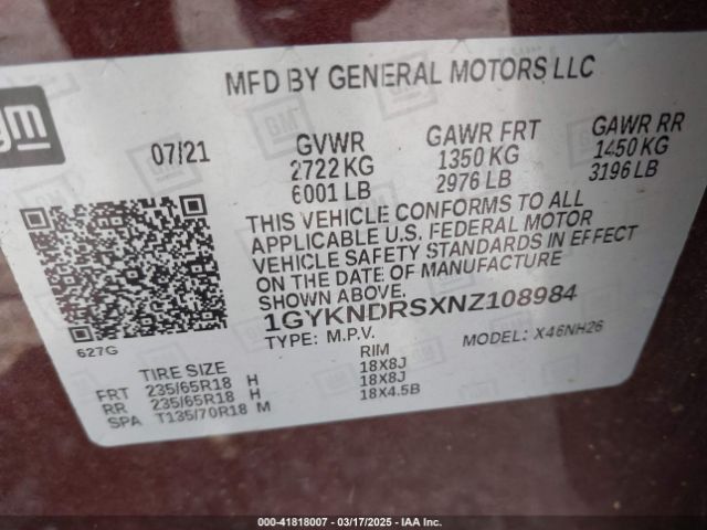 1GYKNDRSXNZ108984 Cadillac Xt5 Awd Premium Luxury