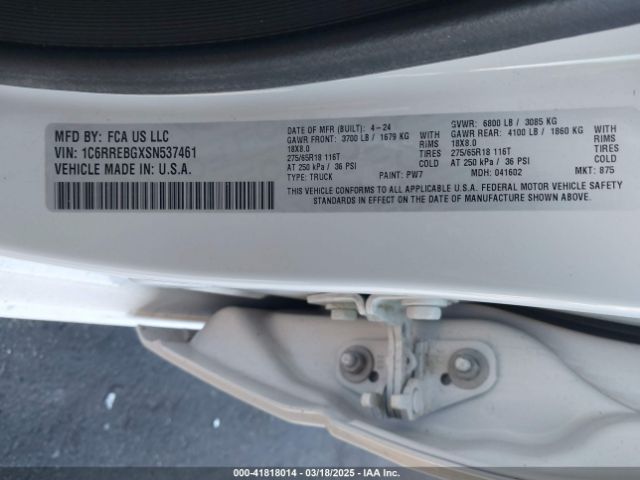 1C6RREBGXSN537461 RAM 1500 Big Horn  4x2 6'4 Box