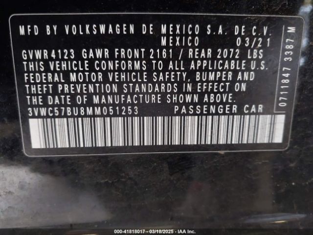 3VWC57BU8MM051253 Volkswagen Jetta 1.4t R-line/1.4t S/1.4t Se