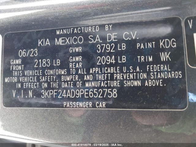 3KPF24AD9PE652758 KIA Forte Lxs