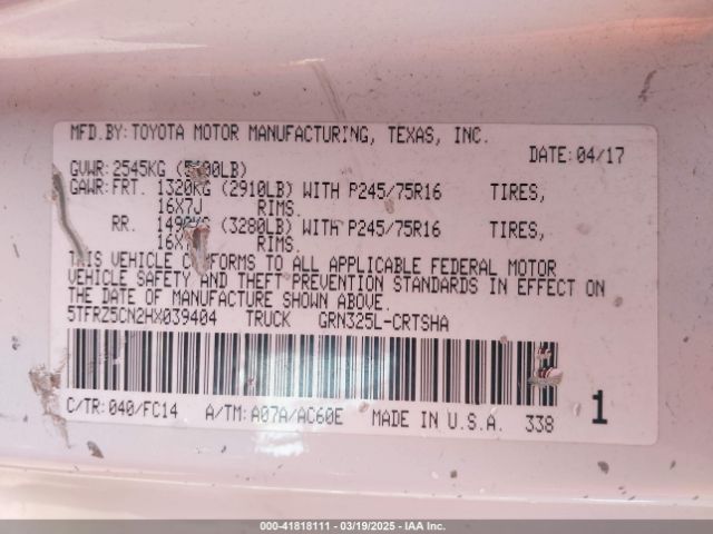5TFRZ5CN2HX039404 Toyota Tacoma Sr5 V6