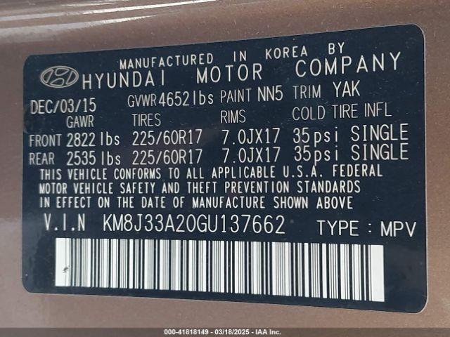 KM8J33A20GU137662 Hyundai Tucson Eco