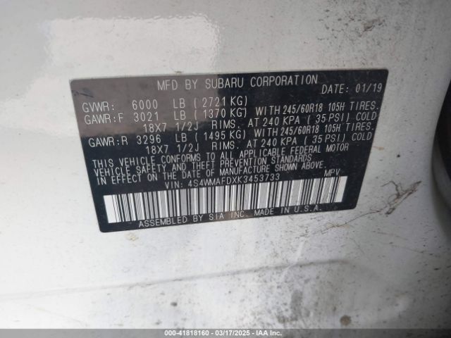4S4WMAFDXK3453733 Subaru Ascent Premium