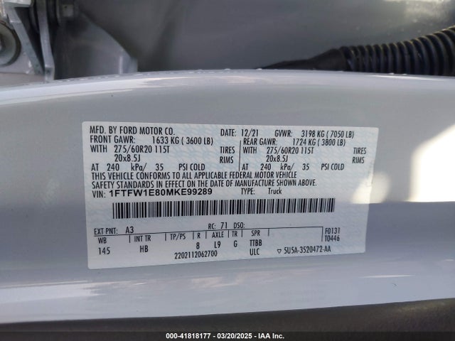 1FTFW1E80MKE99289 Ford F-150 Lariat