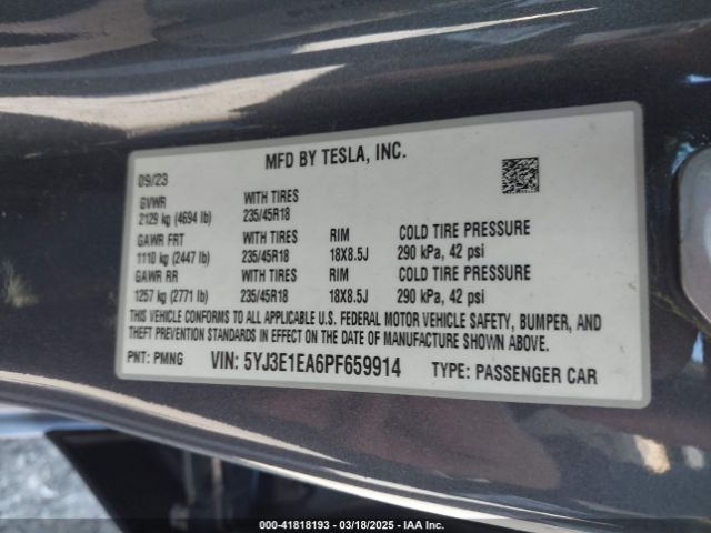 5YJ3E1EA6PF659914 Tesla Model 3 Rear-wheel Drive