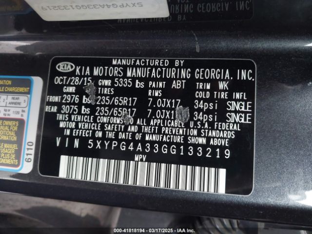 5XYPG4A33GG133219 KIA Sorento 2.4l Lx