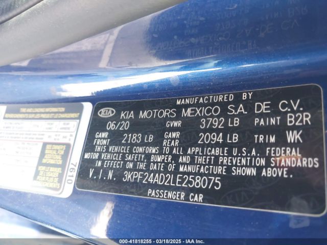 3KPF24AD2LE258075 KIA Forte Lxs
